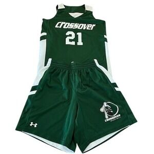 Under Armour Kids Crossover Basketball Uniform Set Jersey Shorts Green White 21